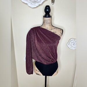 WAYF One Shoulder Long Sleeve Metallic Purple Oversized Bodysuit Sz XS